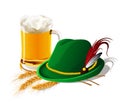 Three isolated spikelets of wheat, Tyrolean Bavarian hat and glass of beer. Octoberfest.