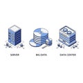 Isometric server big data and data center icons with labels technology computer Royalty Free Stock Photo