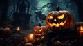 Three jack o lanterns glowing in the dark Royalty Free Stock Photo