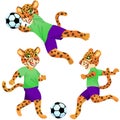 Three jaguars as the footballers in uniform in dynamic poses with the soccer ball