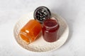 Three jar of jam and honey on white background Royalty Free Stock Photo