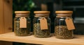 Three jars filled with spices line a shelf, labels attached for easy identification and organization in a kitchen or pantry Royalty Free Stock Photo