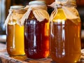 Three jars of honey are lined up on a wooden table Royalty Free Stock Photo