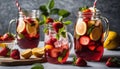 Three jars of strawberry lemonade with fruit garnishes