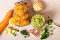 Three jars of vegetables puree as baby food Royalty Free Stock Photo