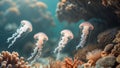 Three Jellyfish Swim Through Vibrant Coral Reef Royalty Free Stock Photo