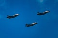 Jet airplanes flying in formation against a bright blue sky