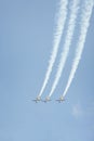 Three jet airplanes performing aerobatic stunt