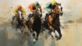 Three jockeys competing on horseback in a race. Generative ai