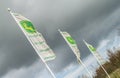 Three john deere flags flying on poles