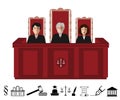 Three judges sitting at the court. Justice illustration with black and white judgeship icons set