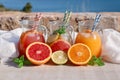 Three jugs with fresh drinks of grapefruit and orange juices, detox citrus water on a background of a seascape.