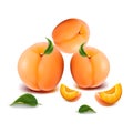 Three juicy apricots with slices, on a white background.