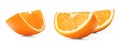 Three juicy fresh orange slices with peel on a white isolated background. Close up.
