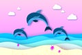 Three Jumping dolphins in the sea in paper cut style. Origami layered beautiful seascape and sky. Hawaii Pacific Ocean Royalty Free Stock Photo