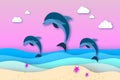 Three Jumping dolphins in the sea in paper cut style. Origami layered beautiful seascape and sky. Hawaii Pacific Ocean Royalty Free Stock Photo