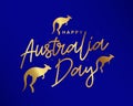 Three jumping kangaroos. Golden Calligraphy - Happy Australia Day. Poster for the day of the first landing. National Day