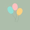 Three kawaii style doodle air balloons of pastel pink blue orange color on gray background. Vector birthday greeting card template