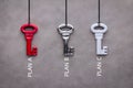 Three keys red silver and white on grey background Royalty Free Stock Photo