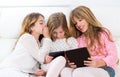 Three kid sister friends girls group playing together with table