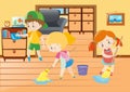 Three kids cleaning in the house