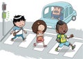 Three kids crossing the street using the crosswalk