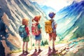 Three kids hiking in the mountains. Children with backpacks. Watercolor painting