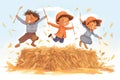 three kids jumping in piles of hay