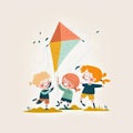 Three kids playing with a kite on a windy day