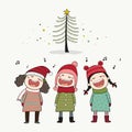 Three kids singing Christmas caroling with pine tree.
