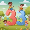 Three kids sitting on the number 3 in the park. Vector illustration Royalty Free Stock Photo
