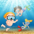 Three kids swimming and diving underwater