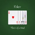 Three Of a Kind, on a dark green poker background. Poker combinations.Poker Hands. Gambling Royalty Free Stock Photo