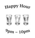 Three kinds of alcoholic drinks in shot glasses. Hand Drawn Vector Illustration. Royalty Free Stock Photo