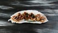 Three kinds of bruschettes with figs, cheese, honey on grilled crusty bread on a decorative plate on the old table. Flat lay, Free