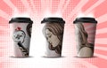 Three kinds of disposable coffee cups with design.