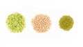 Three kinds of raw dried legumes - chickpeas, mung bean, green peas, isolated on white background Royalty Free Stock Photo