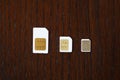 Three kinds of sim cards on a desk Royalty Free Stock Photo