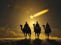 Three Kings Day illustration. Three wise men riding their camels observing a luminous comet on the horizon