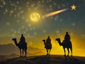 Three Kings Day illustration. Three wise men silhouette riding their camels. Moon, stars and comet