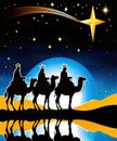 Three Kings Day illustration. Three wise men silhouette riding their camels. Moon, stars and comet