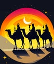 Three Kings Day illustration. Three wise men silhouette riding their camels. Moon, stars and rainbow