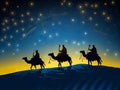 Three Kings Day illustration. Three wise men silhouette riding their camels. Sky with multiple bright stars