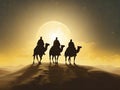 Three Kings Day illustration. Three wise men silhouette riding their camels straight towards the horizon with a giant moon