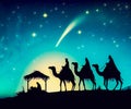 Three Kings Day illustration. Three wise men silhouette riding their camels towards the manger with the Baby Jesus