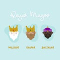 Three Kings Day in Spanish. Reyes Magos. Melchor, Gaspar, Baltasar. Merry Christmas inspiration. Vector illustration, flat design Royalty Free Stock Photo