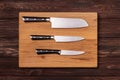 Three kitchen knives laying on a cutting board. Royalty Free Stock Photo