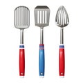 Three kitchen utensils with red white and blue handles on a white background studio shot close up Royalty Free Stock Photo