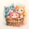 Three kitten in baske, water color style, generative ai