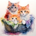 Three kitten in baske, water color style, generative ai